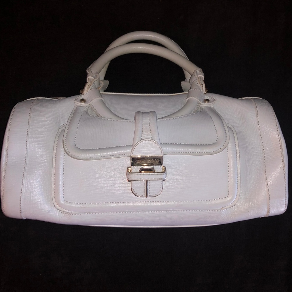 Large Jimmy Choo White Leather Bowling Bag Purse